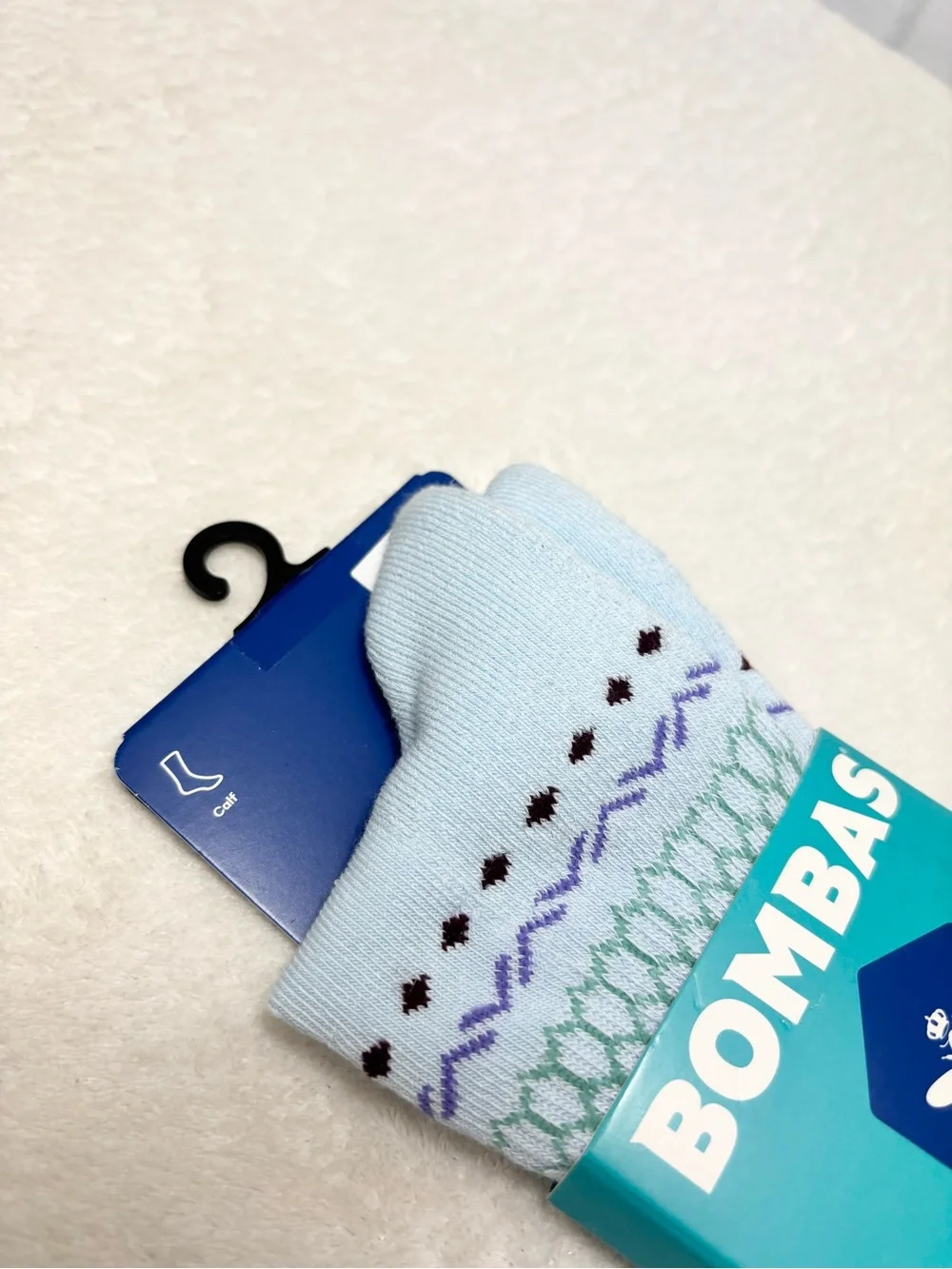 Bombas Light Blue Calf Socks with Green & Purple Pattern Size L